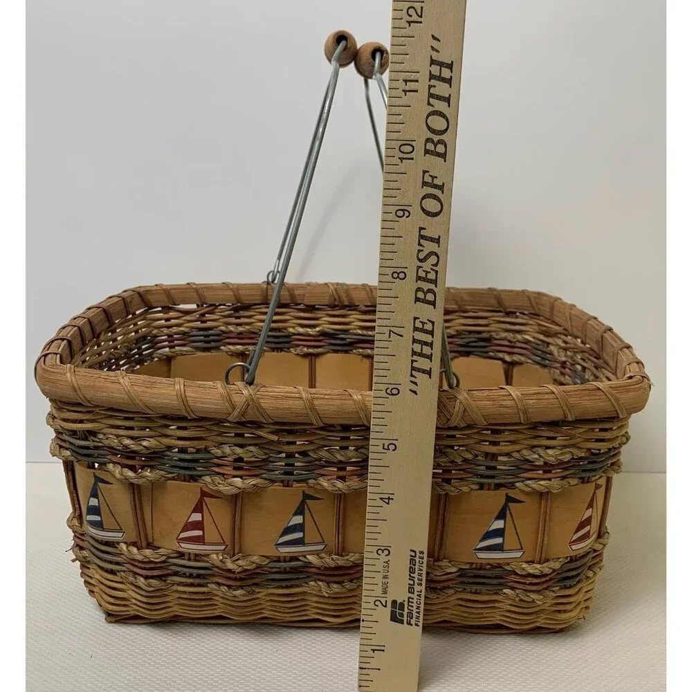 Vintage Nautical-Themed Woven Basket Wire Bail Handles Sailboat Design 10